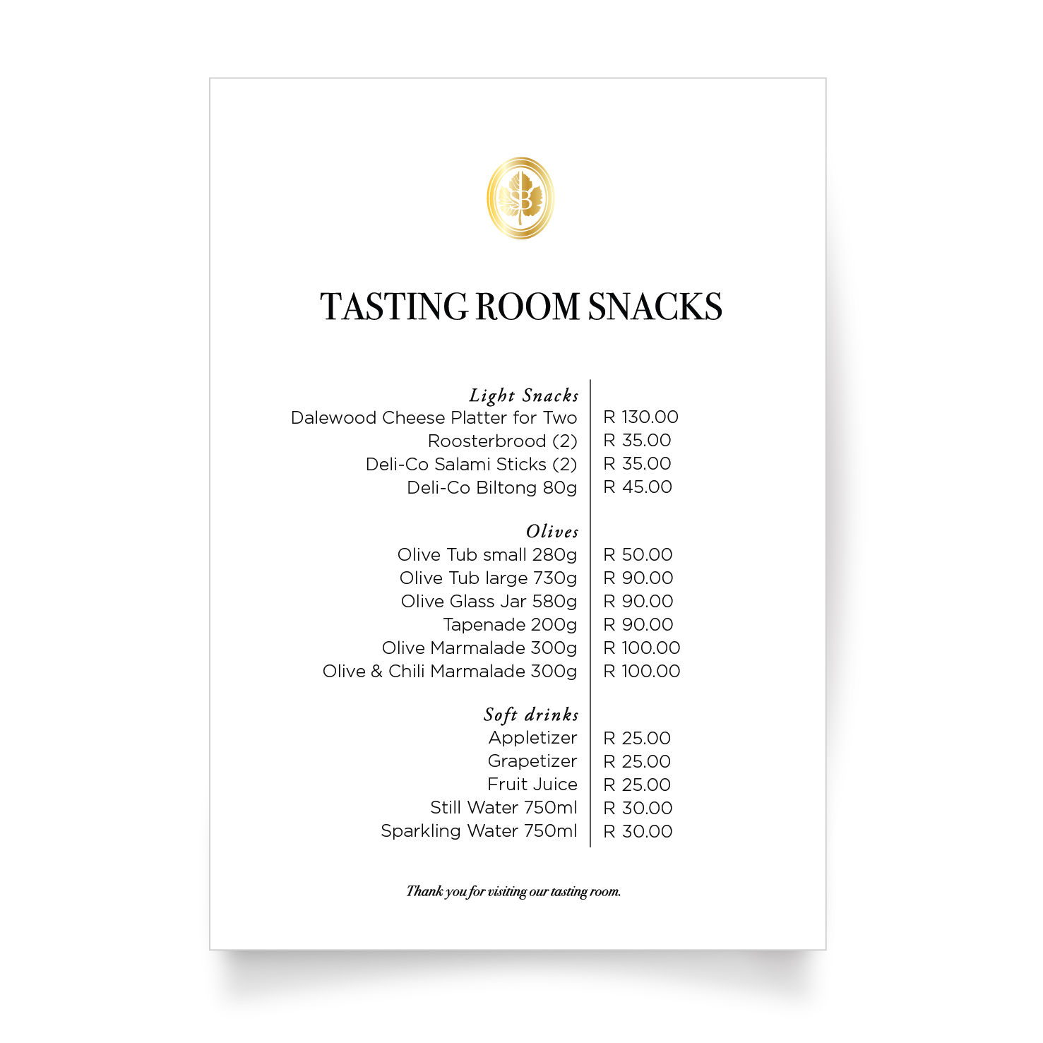 Snack List for Tasting Room_A4 Signage