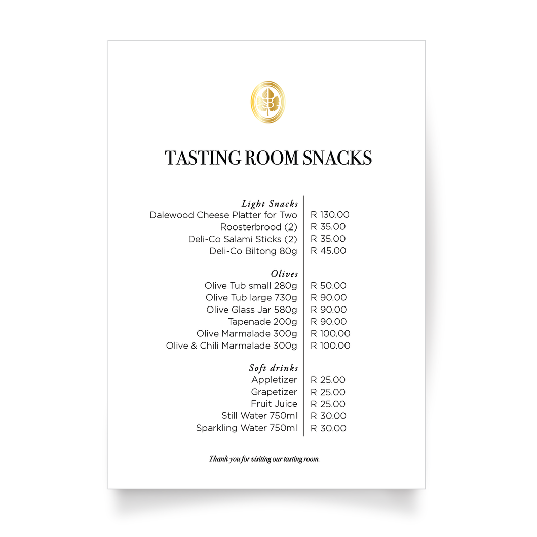 Snack List for Tasting Room_A4 Signage